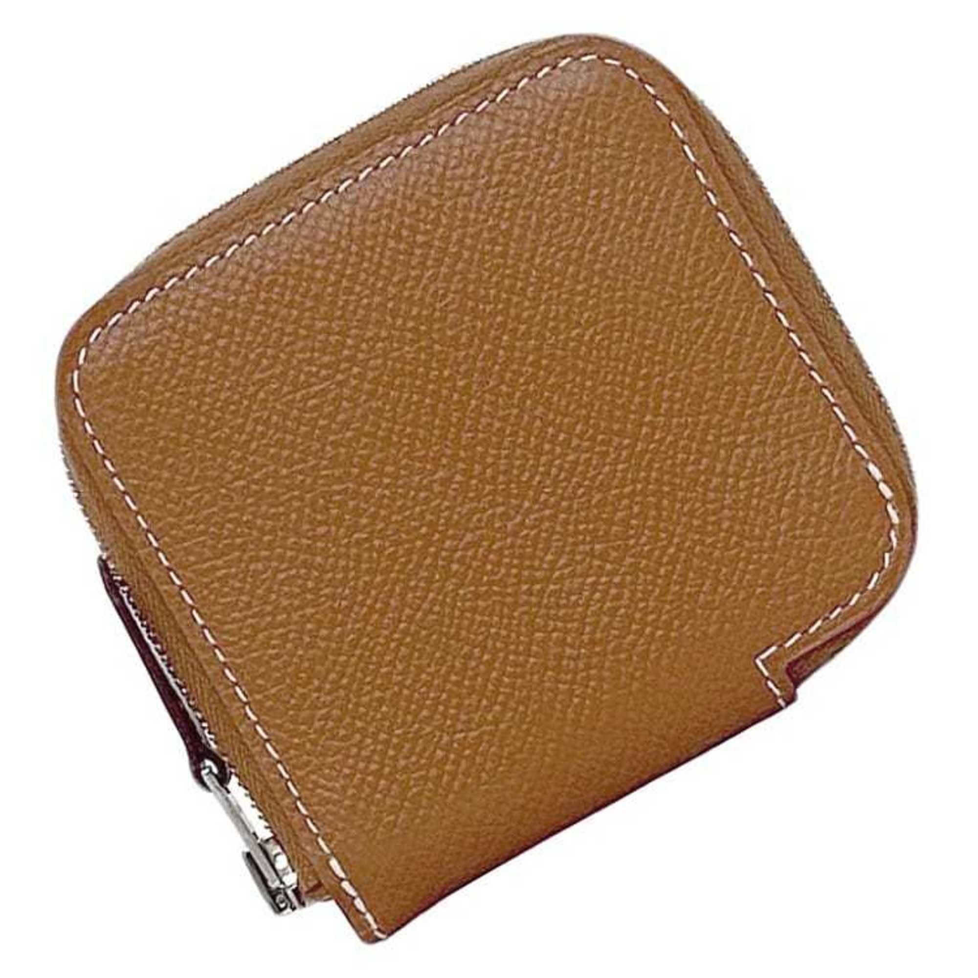 Hermes Coin Case Azap Silkin Mini F-22973 Camel Brown Gold Purse Leather Epsom Silk D Stamp 2019 Hermes Small Compact Wallet Square Women's