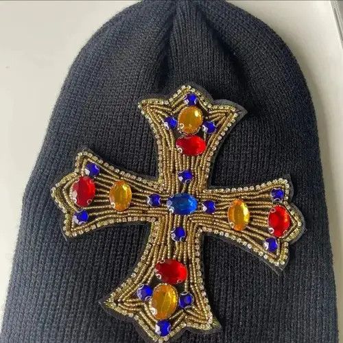 Japanese Brand Outdoor retro huge rhinestone cross knitted beanie hat Size ONE SIZE - 1 Thumbnail