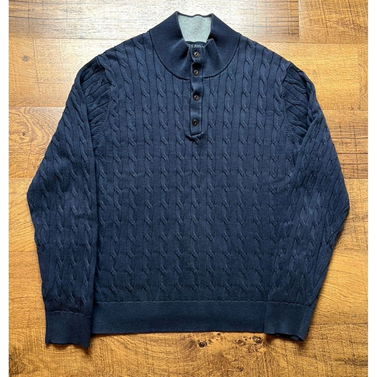Lands' End VINTAGE Lands' End Mens Large Navy Blue Cable Knit Henley Mock-Neck Sweater Size US L / EU 52-54 / 3 - 2 Thumbnail