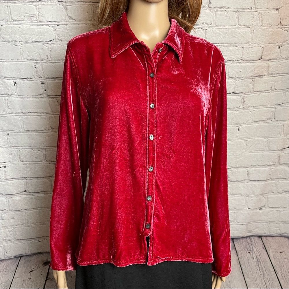 J. Jill J. Jill Velvet Red Shirt Silk Blend Blouse Size M Petite Size M / US 6-8 / IT 42-44 - 9 Thumbnail