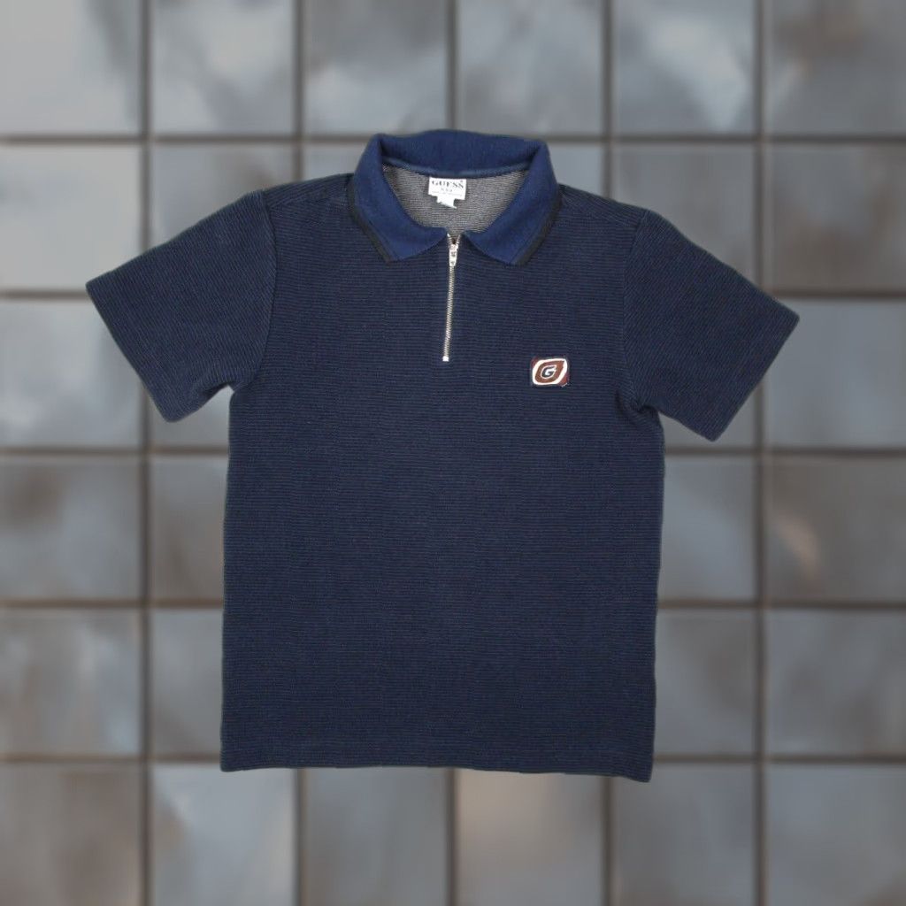 VINTAGE GUESS Polo Shirt Men Small Blue Zip Front Short Sleeve Embroidered Logo Made in Australia