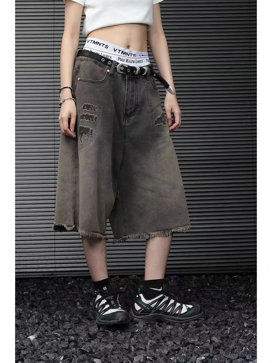 Jean × Streetwear Men retro star patch tassel denim shorts