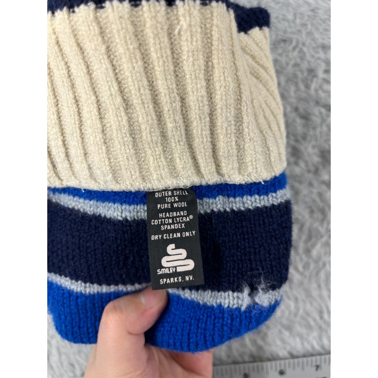 Vintage Smiley Beanie Adult One Size Blue Knit Stripe Wool Spandex Winter Pom Ski Hat/Cap Beanie Mens Womens Unisex Adults Knit Style Logo Ski 90s Size ONE SIZE - 7 Thumbnail
