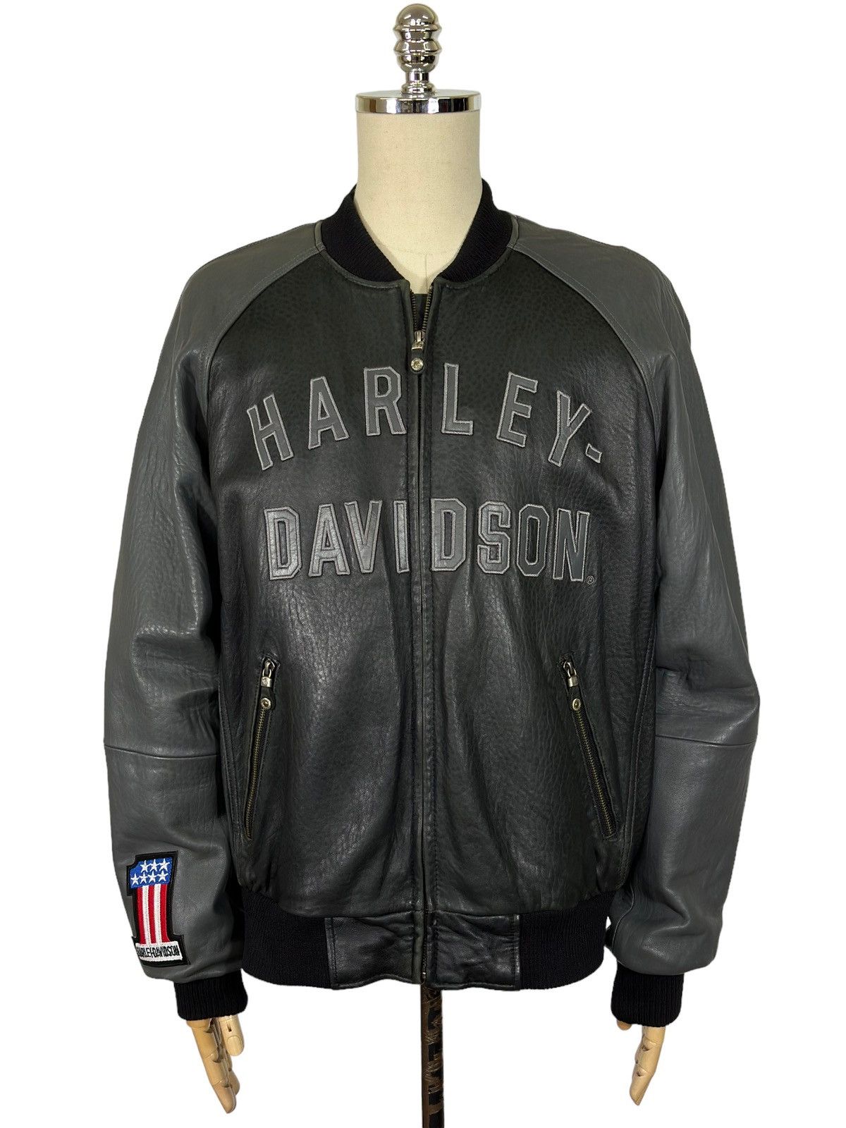 image of Harley Davidson 100Th Anniversary Leather Bomber Jacket in Black Grey, Men's (Size XL)