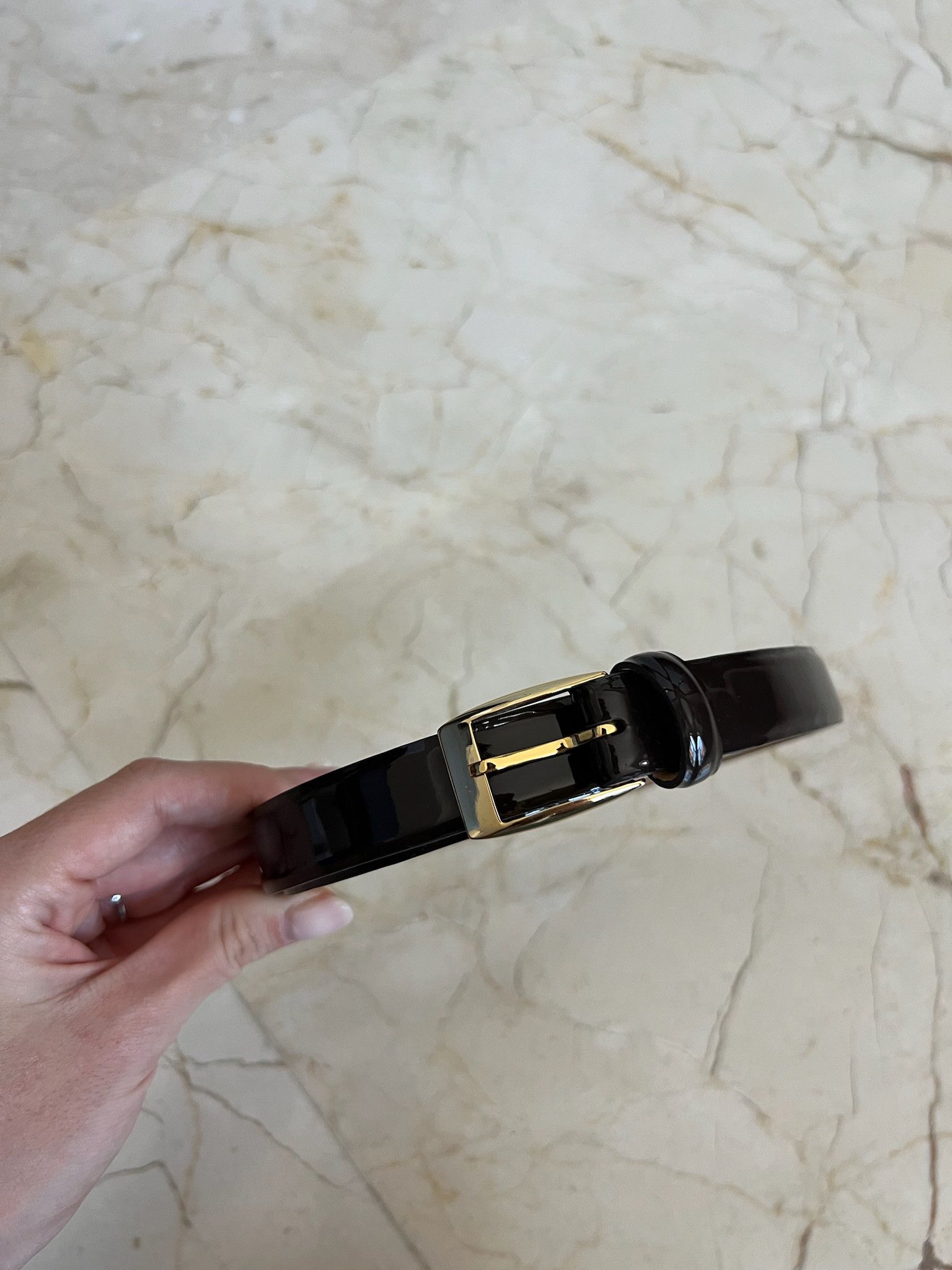HUSBANDS Thin belt brown patent leather gold buckle 85 Size 32 - 1 Thumbnail
