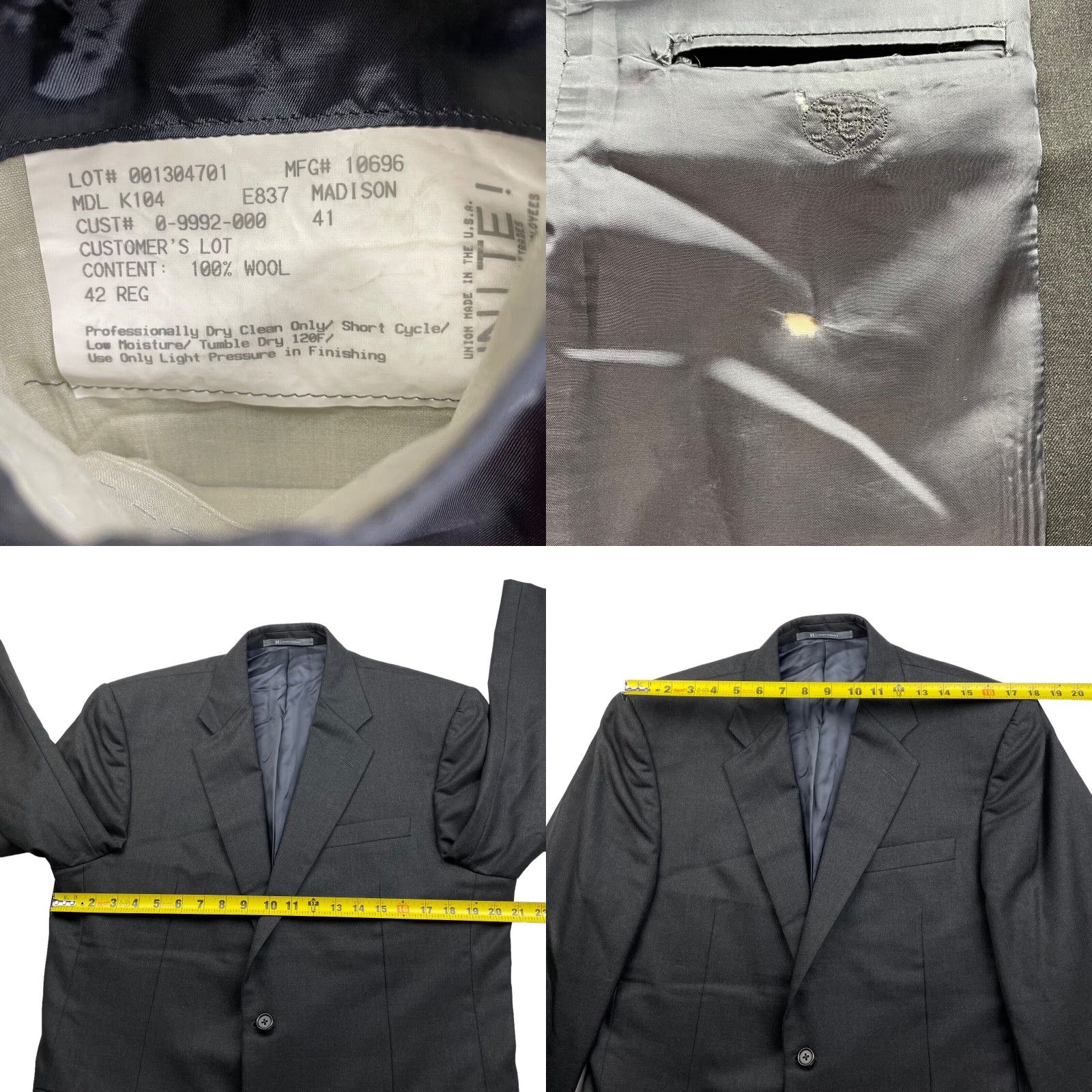 Hickey Freeman x Loro Piana Blazer Madison 100% Wool Gray 42R Two-Button Single-Breasted Notch Lapel Mens Jacket