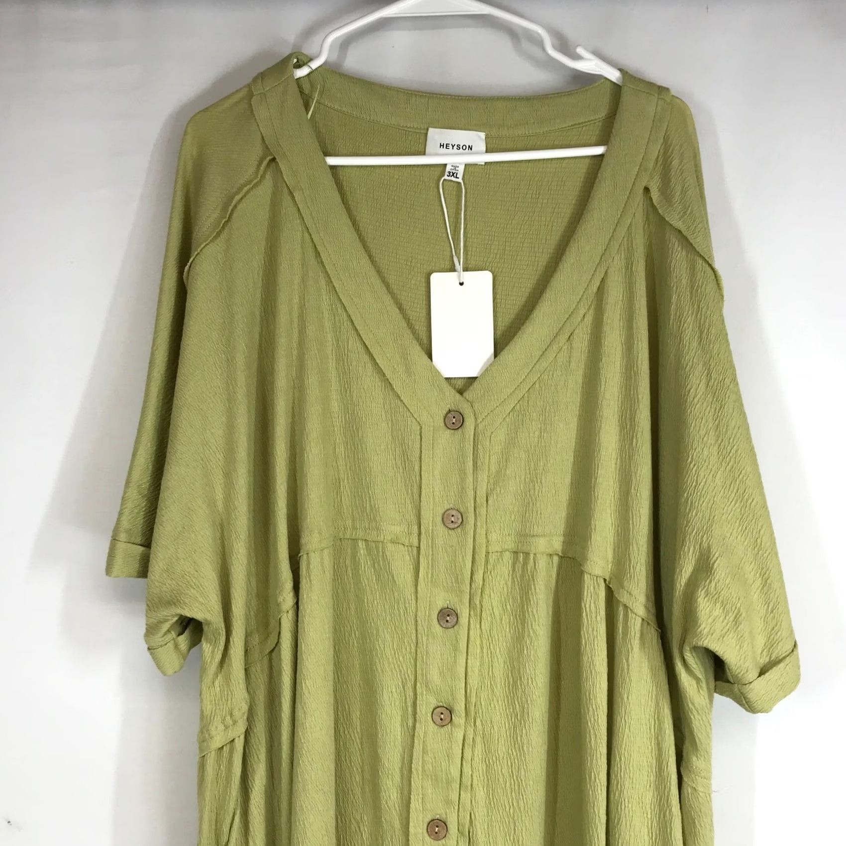 Vintage HEYSON Oversized V Neck Button Front Textured Midi Dress 3XL Olive Green Size XXL / US 16-18 / IT 52-54 - 2 Thumbnail