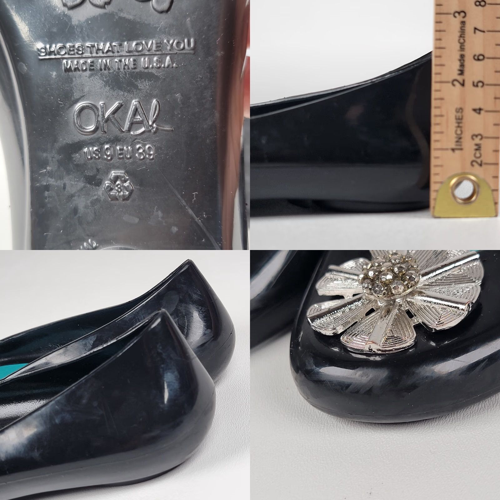 Vintage OKA b Ballet Flats Charcoal Black Jelly Medallion Skimmers Size 9 Women Flat Slip On Round Toe Casual Rubber Upper Medallion Accent, 9 Size US 7 / IT 37 - 8 Thumbnail