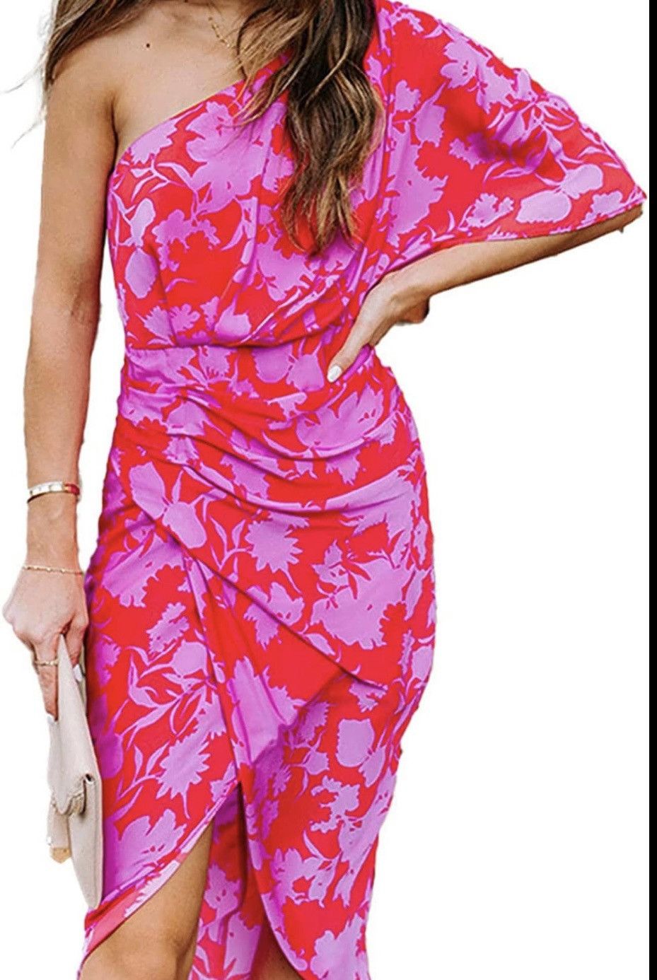 Other DO+BE One Shoulder Floral Ruched Midi Ruffled Sleeve Dress Size S / US 4 / IT 40 - 1 Thumbnail