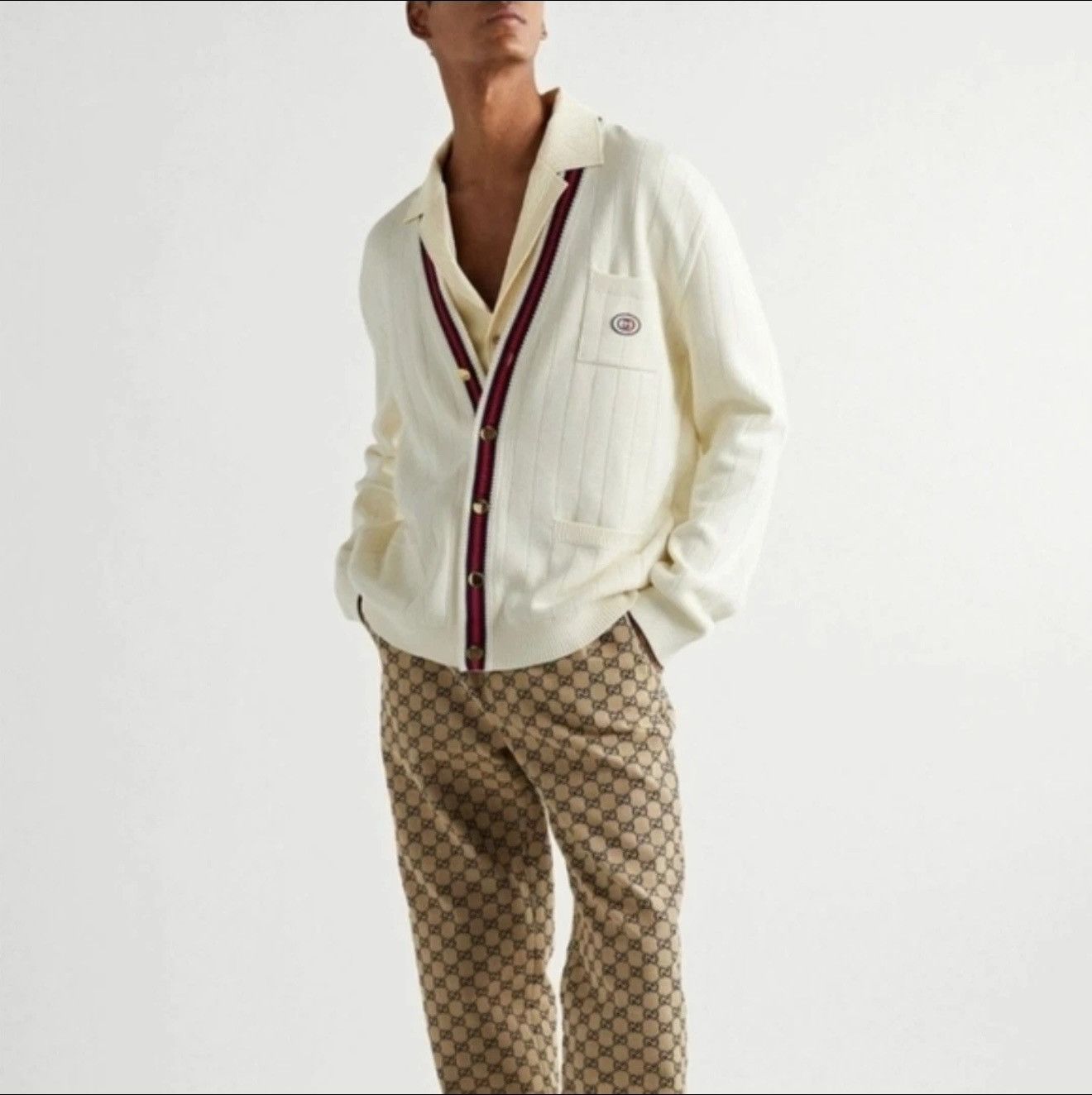 Gucci Gucci Men's Ivory Cable-Knit Cardigan XXL Stripe Trim Logo Size US XXL / EU 58 / 5 - 2 Thumbnail