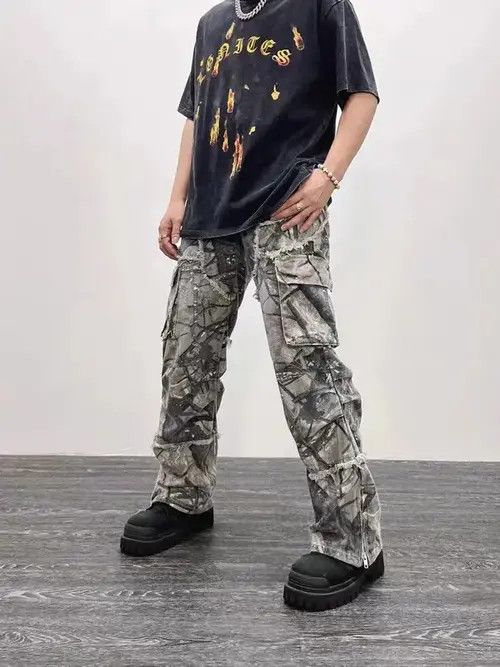 Jean Retro camouflage irregular raw edge work jeans Size US 32 / EU 48 - 2 Thumbnail