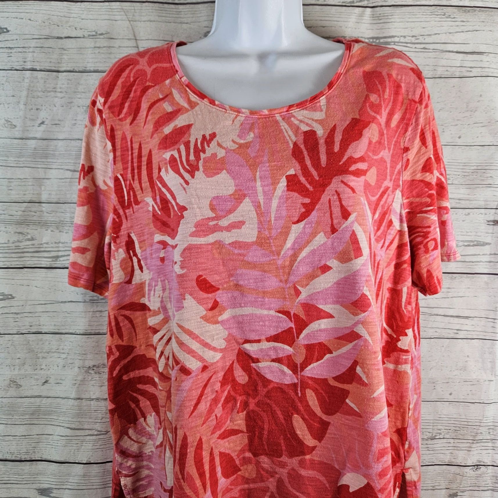 Vintage Chico's Womens Top XL Pink Red Leaf Print Short Sleeve Cotton Blend Shirt Womens XL Pink Red Leaf Print T-Shirt Size XL / US 12-14 / IT 48-50 - 2 Thumbnail