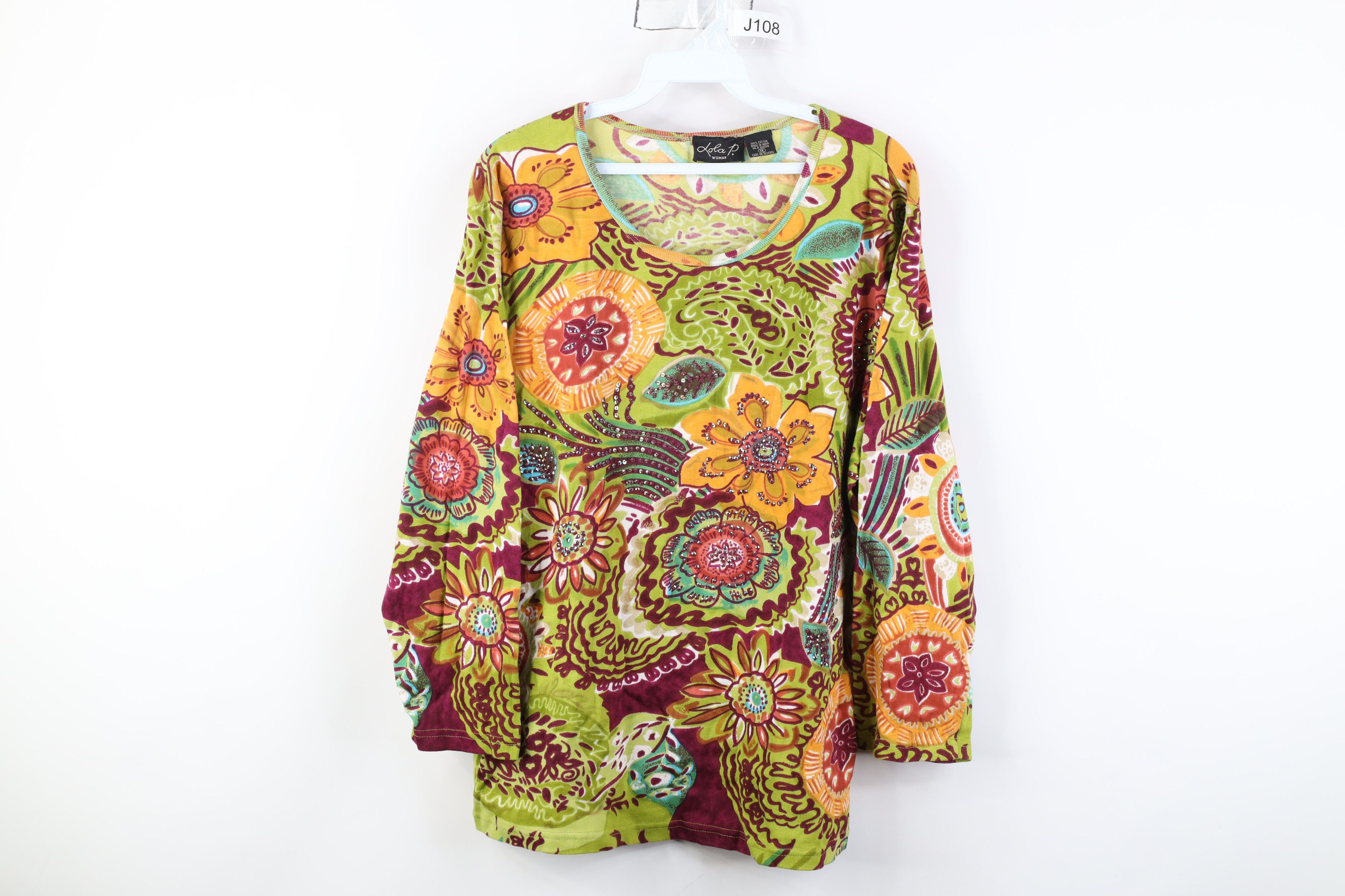 Vintage Vintage 90s Y2K Streetwear Abstract Sequin Flower T-Shirt Size L / US 10 / IT 46 - 1 Thumbnail