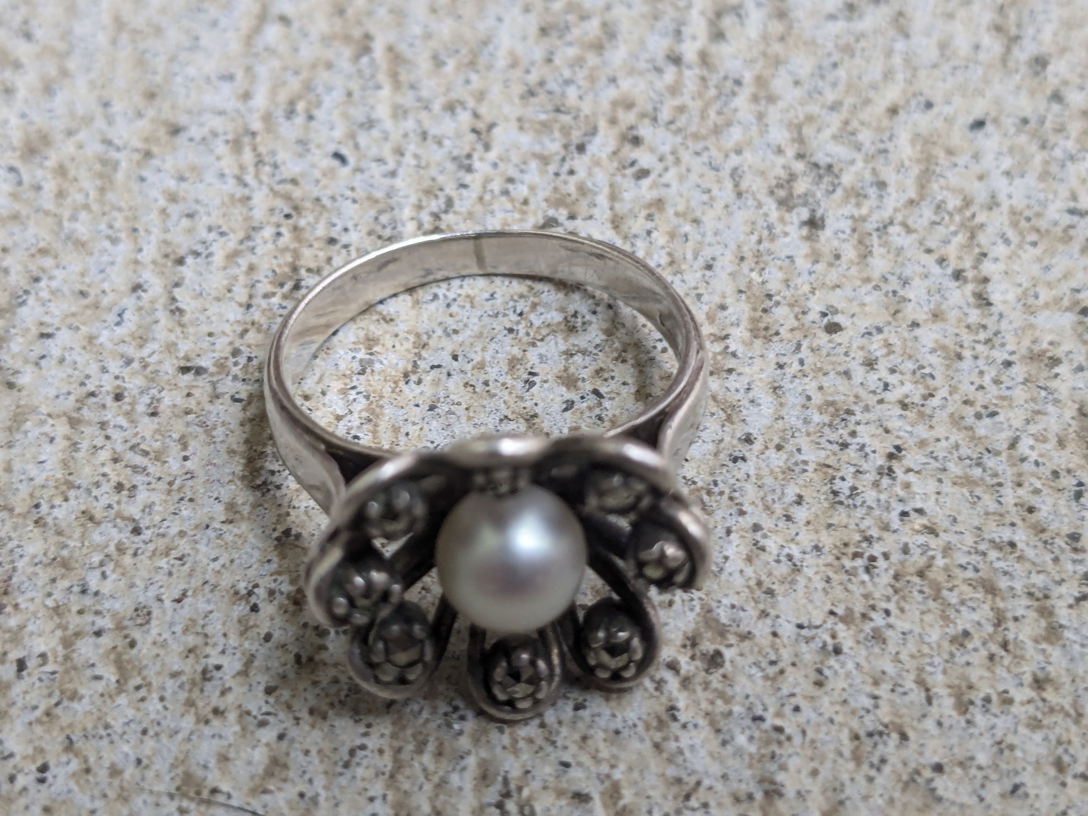 Jewelry Sterling Silver Ring Pearl Size 7.75 Flower Marcasite Size ONE SIZE - 6 Thumbnail