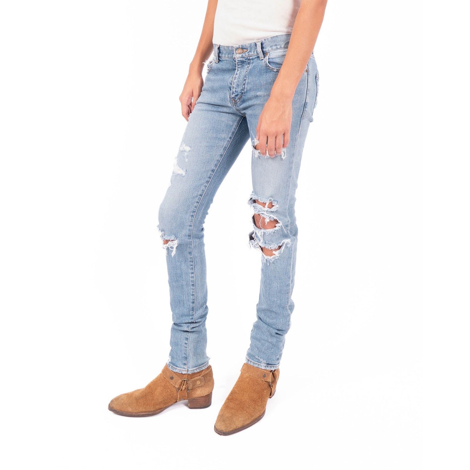 Saint Laurent Paris SS16 Skinny Distressed Jeans in Light Washed Denim Size US 30 / EU 46 - 3 Thumbnail