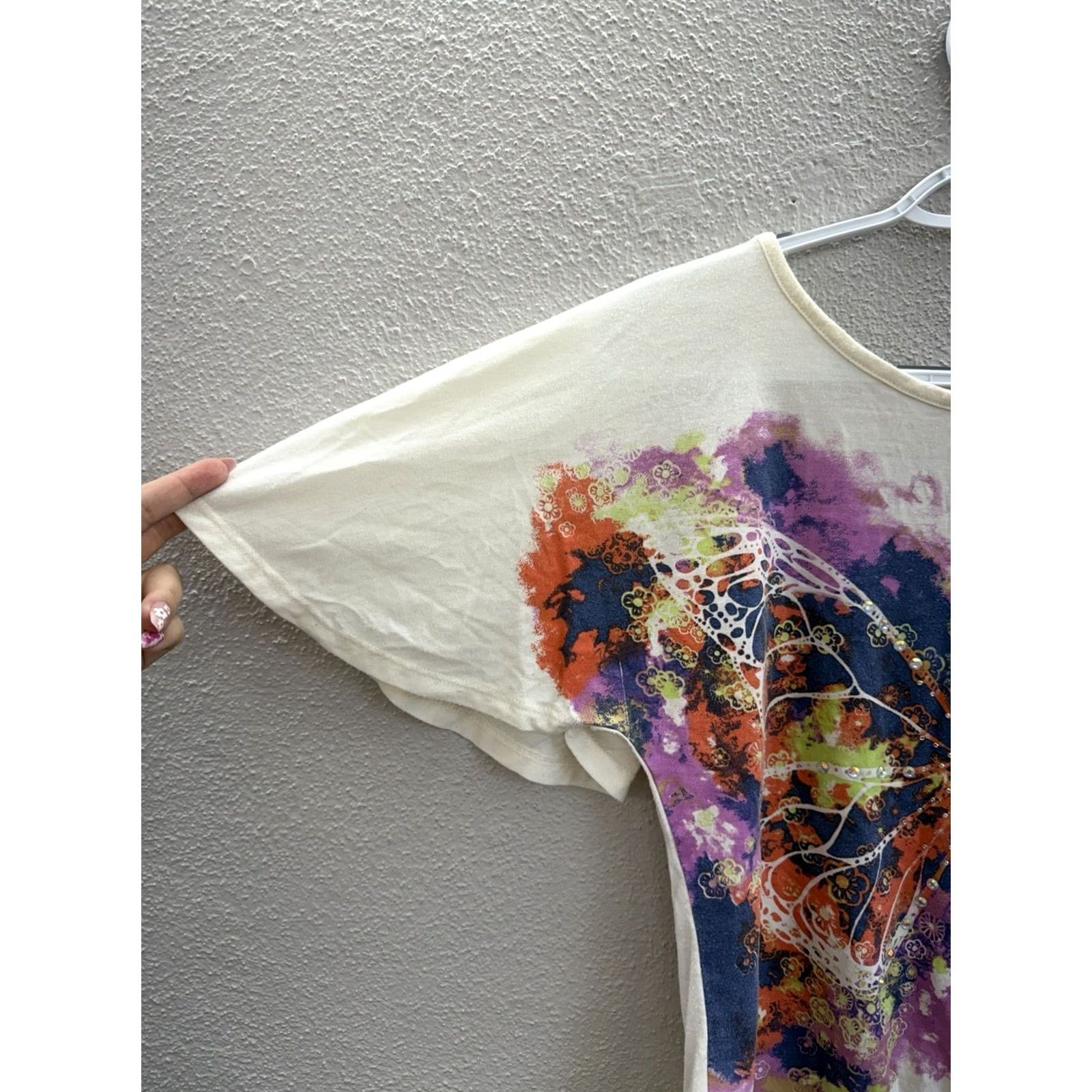 Vintage D-Signed Shirt Junior's Large Cream Butterfly Gem Embellished Short Sleeve Y2K Size L / US 10 / IT 46 - 4 Thumbnail
