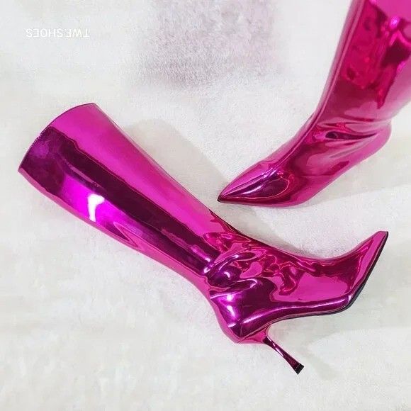 Other Static Shiny Metallic Fuchsia Knee Boots 3" Kitten Heels (US Size US 9 / IT 39 - 1 Thumbnail