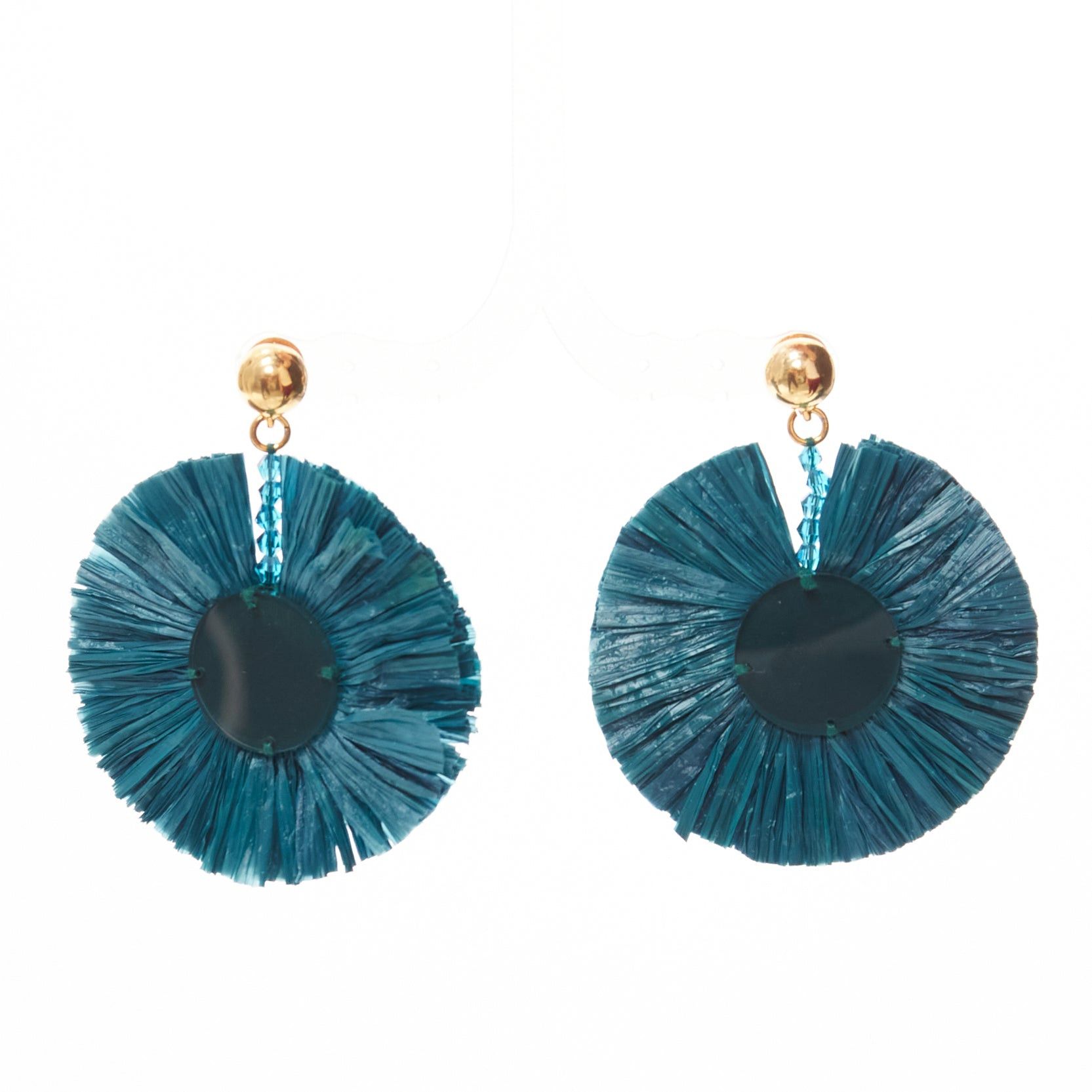 Oscar De La Renta OSCAR DE LA RENTA dark green raffia acrylic plate round pin earrings Size ONE SIZE - 1 Thumbnail