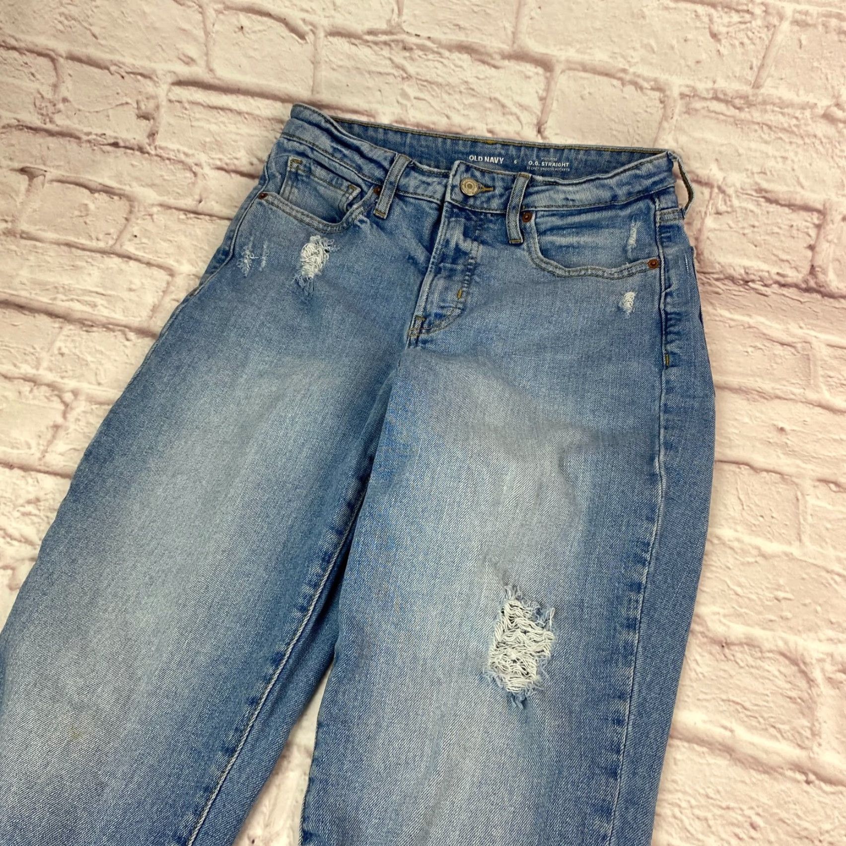 Old Navy VINTAGE Old Navy Womens OG High Rise Straight Jeans Blue Distressed Raw Hem Size 6 Size 28" / US 6 / IT 42 - 4 Thumbnail