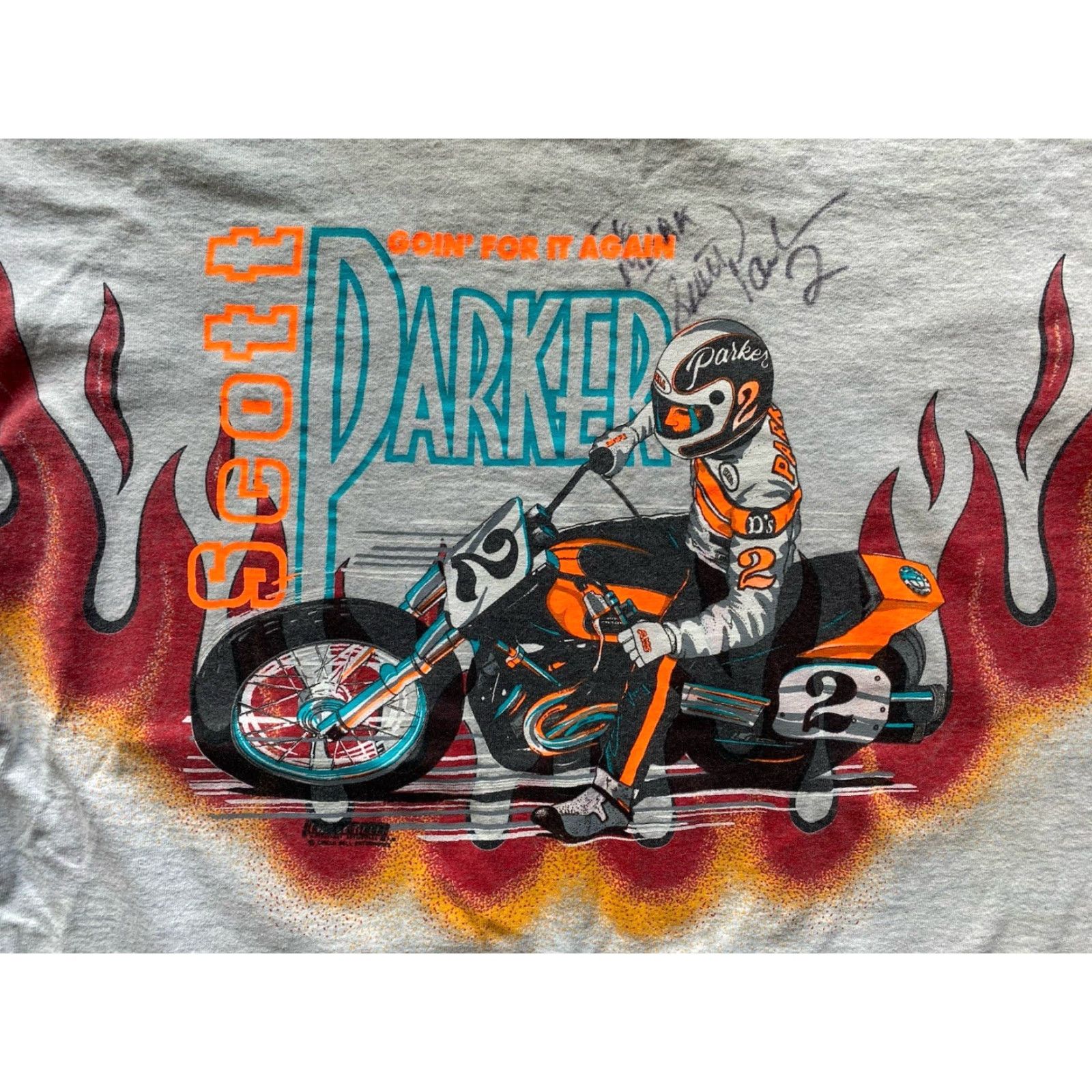 Fruit Of The Loom VINTAGE Scott Parker #2 Autographed T Shirt Men’s XL Gray Short Sleeve Harley Flames Size US XL / EU 56 / 4 - 7 Thumbnail