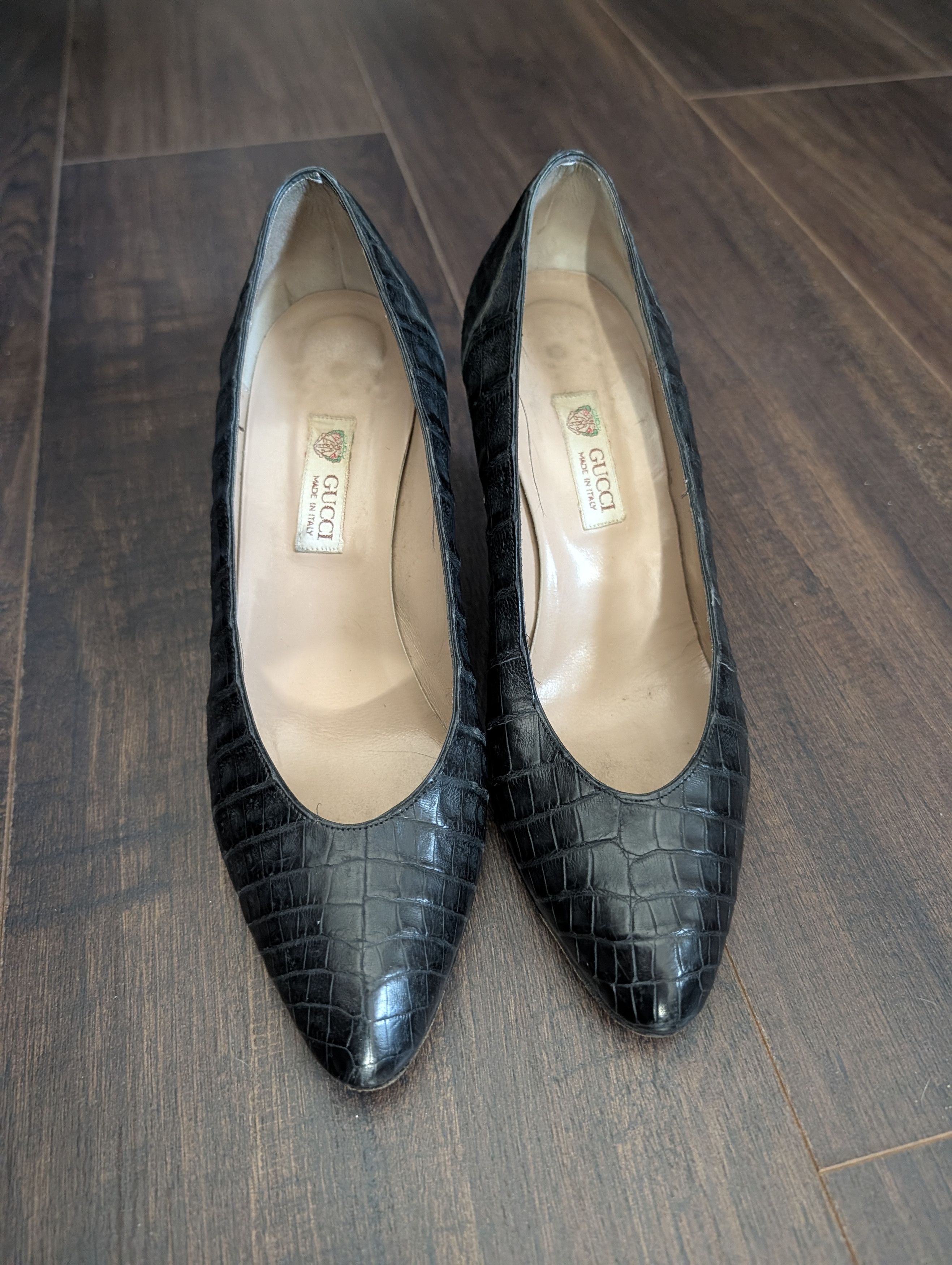 Gucci Genuine CROCODILE Black Pointed Toe Pumps 38B Size US 8 / IT 38 - 3 Thumbnail
