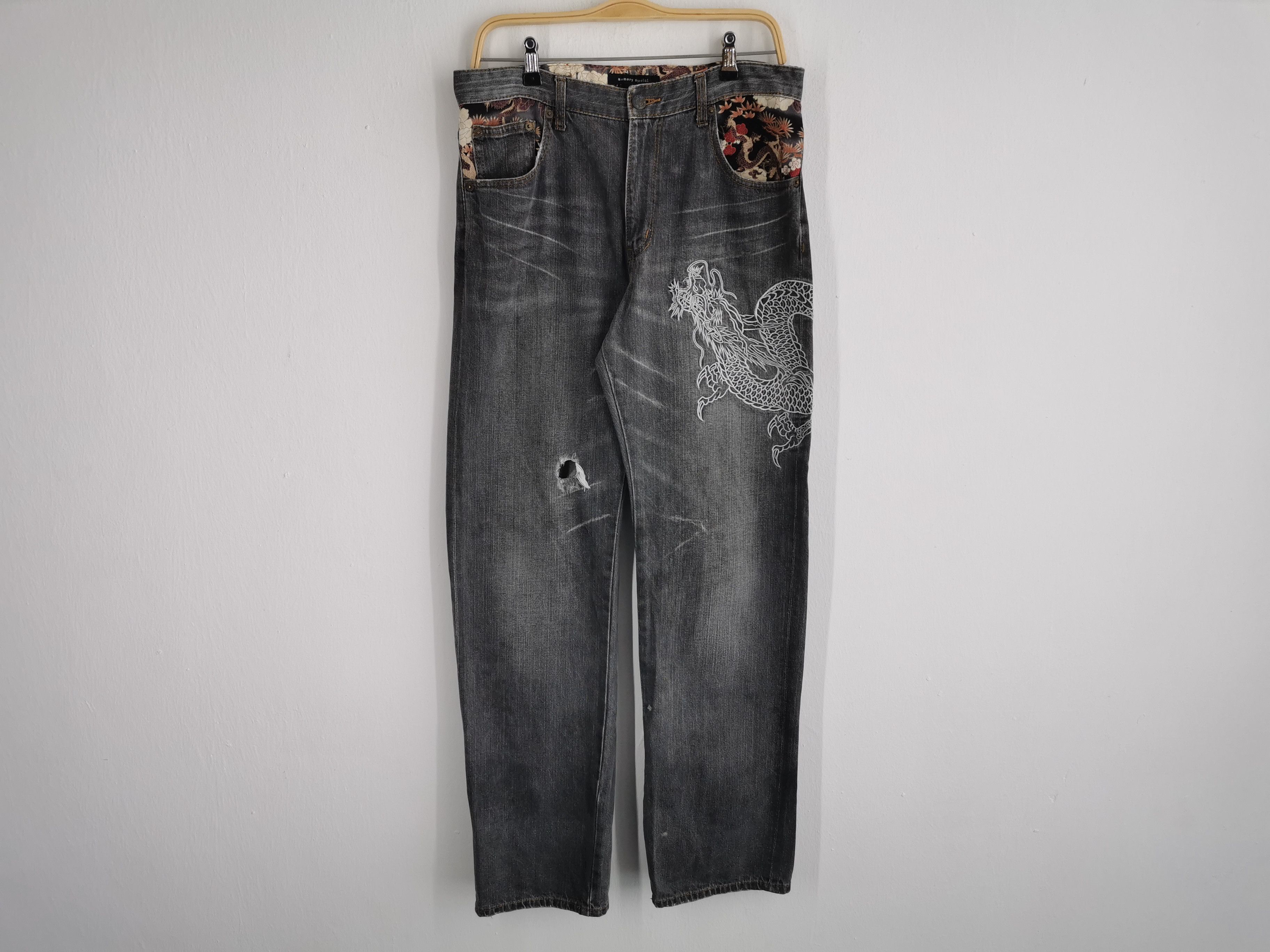 Japanese Brand Distressed Vintage Memory Special Embroidery Dragon Denim Size US 33 - 2 Thumbnail