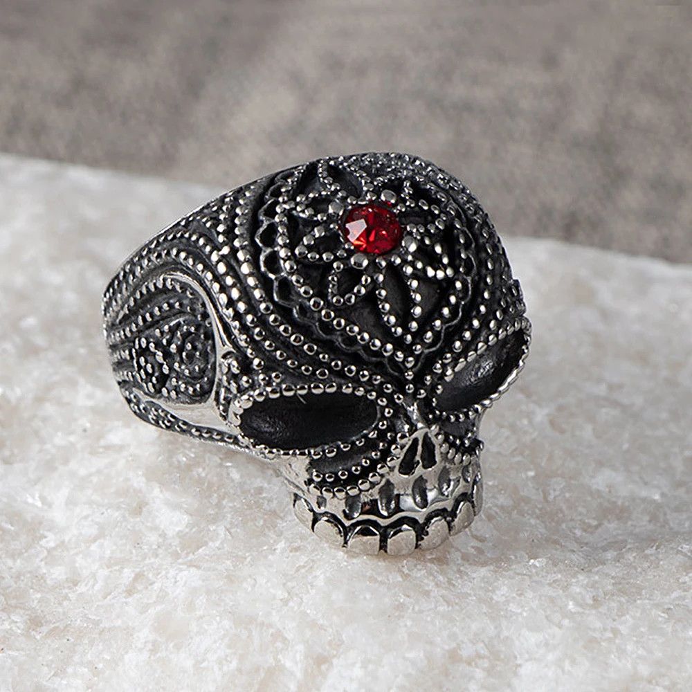 Jewelry Red Stone Skull Ring Size ONE SIZE - 3 Thumbnail