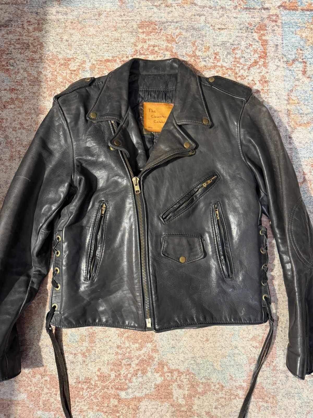 Vintage Leather Biker Jacket, Lace Up Sides Snake Skin