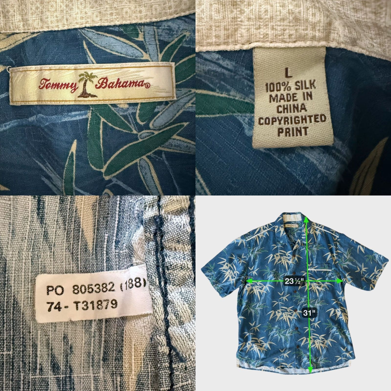 Tommy Bahama Tommy Bahama Camp Shirt Silk Bamboo Print Blue Large Mens Button-Up Hawaiian Short Sleeve Size US L / EU 52-54 / 3 - 8 Thumbnail