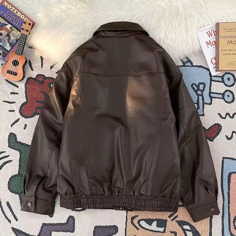 Other Streetwear Zipper PU Leather Loose Bomber Jacket Brown Size M / US 6-8 / IT 42-44 - 2 Thumbnail