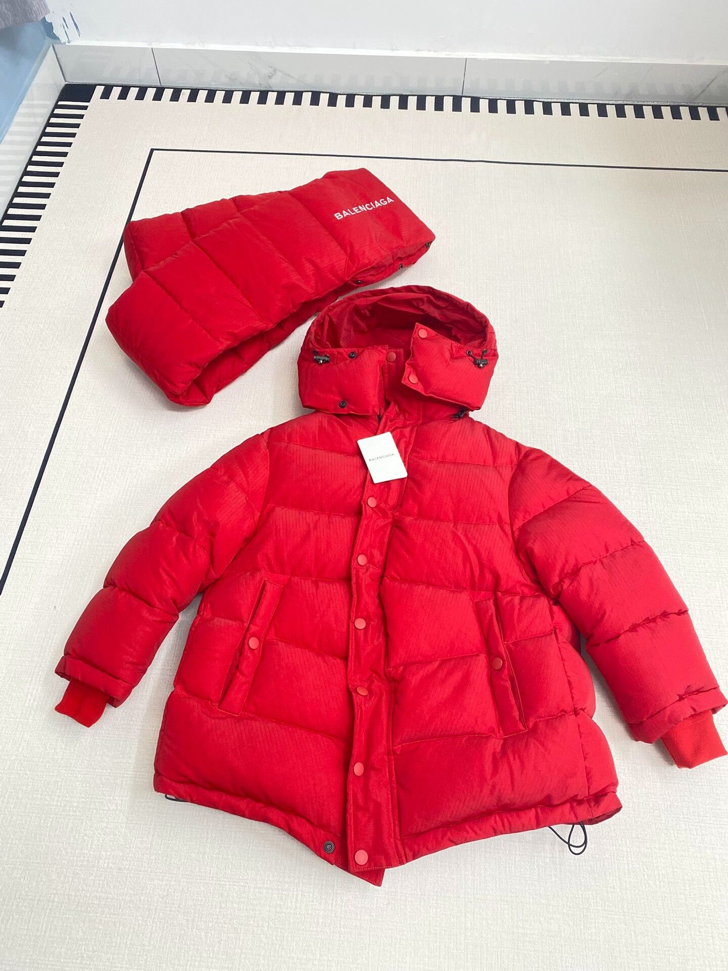 balenciaga red puffer jacket with scarf