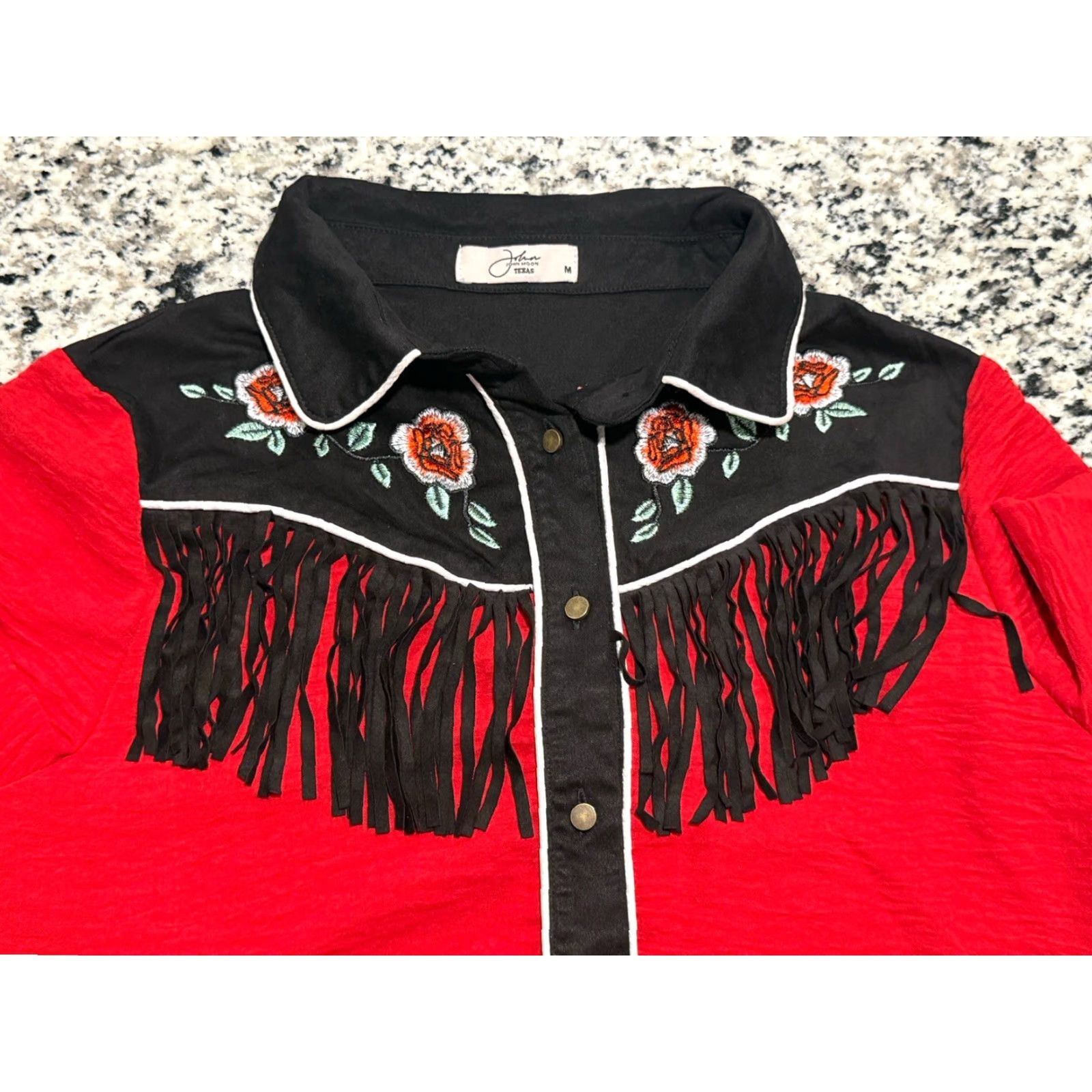 John Moore John Moon Texas Western Fringe Button-Up Long Sleeve Top Red Size M Multicolor Western Women Size M / US 6-8 / IT 42-44 - 2 Thumbnail