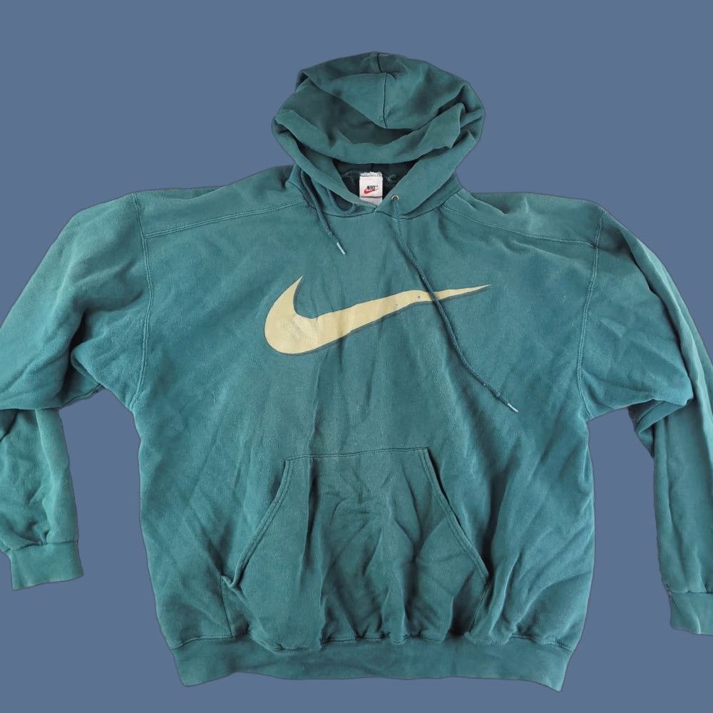 Nike VINTAGE Nike Hoodie Men's L Green Center Swoosh Made in USA FADE WORN BAGGY FIT 90s Pullover Hooded with Pockets Regular Sweatshirt Size US L / EU 52-54 / 3 - 1 Thumbnail