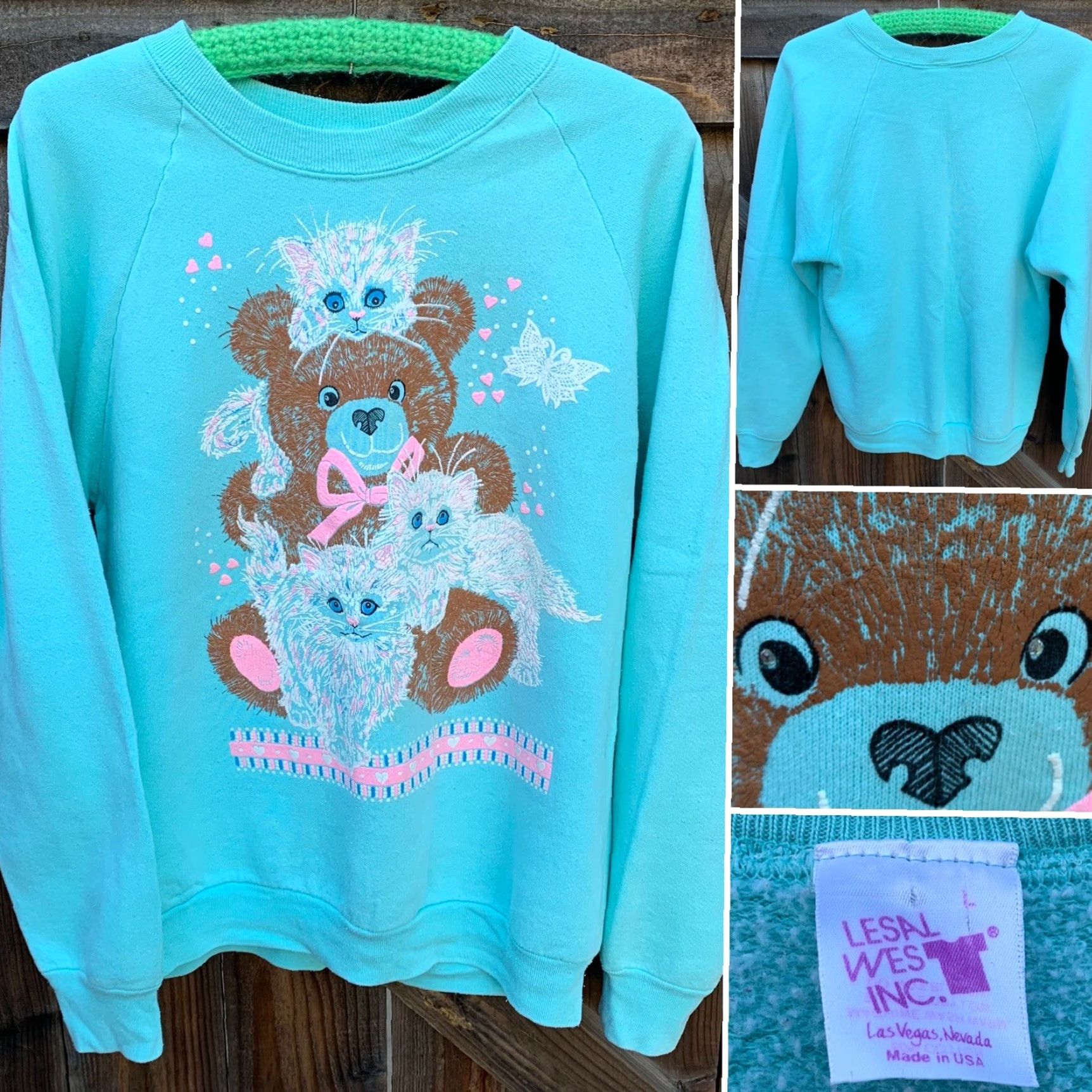 Vintage VINTAGE Lesal Wes Inc. Sweatshirt Raglan Green 90s Bear Butterfly Cat Kawaii Graphic Print Women L Size L / US 10 / IT 46 - 5 Thumbnail