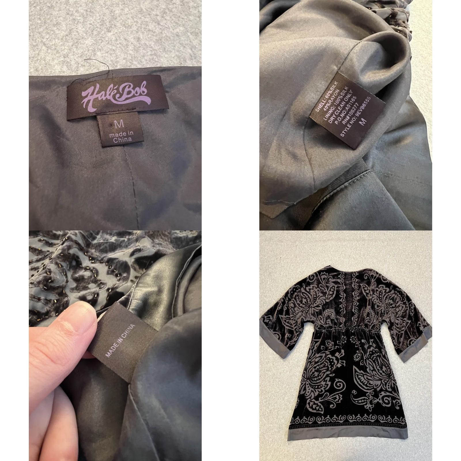 Vintage Hale Bob Dress Womens M Black Velvet Paisley Beaded Kimono Sleeve Short Boho Size 32" / US 10 / IT 46 - 8 Thumbnail