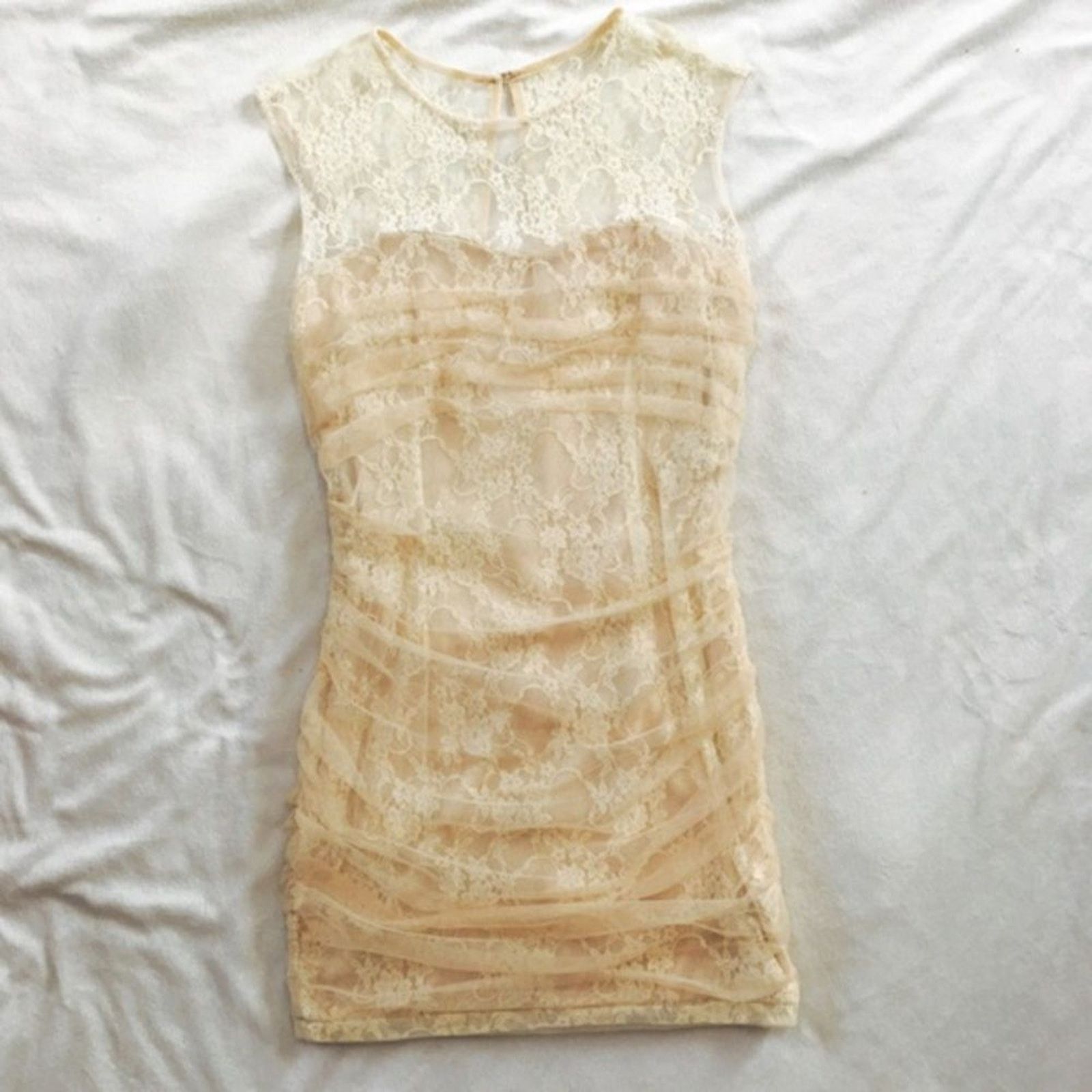 Other En Creme Tan and Cream Lace Tulle Mini Dress | Sz S Size S / US 4 / IT 40 - 2 Thumbnail