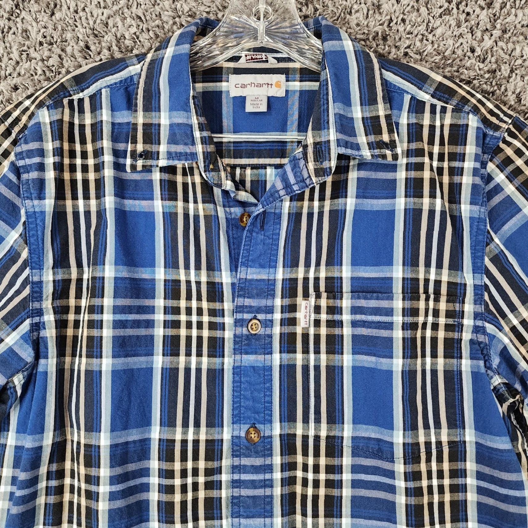 Carhartt VINTAGE Carhartt Shirt Plaid Short Sleeve Button-Up Mens M Blue Relaxed Fit Size US 31 - 3 Thumbnail