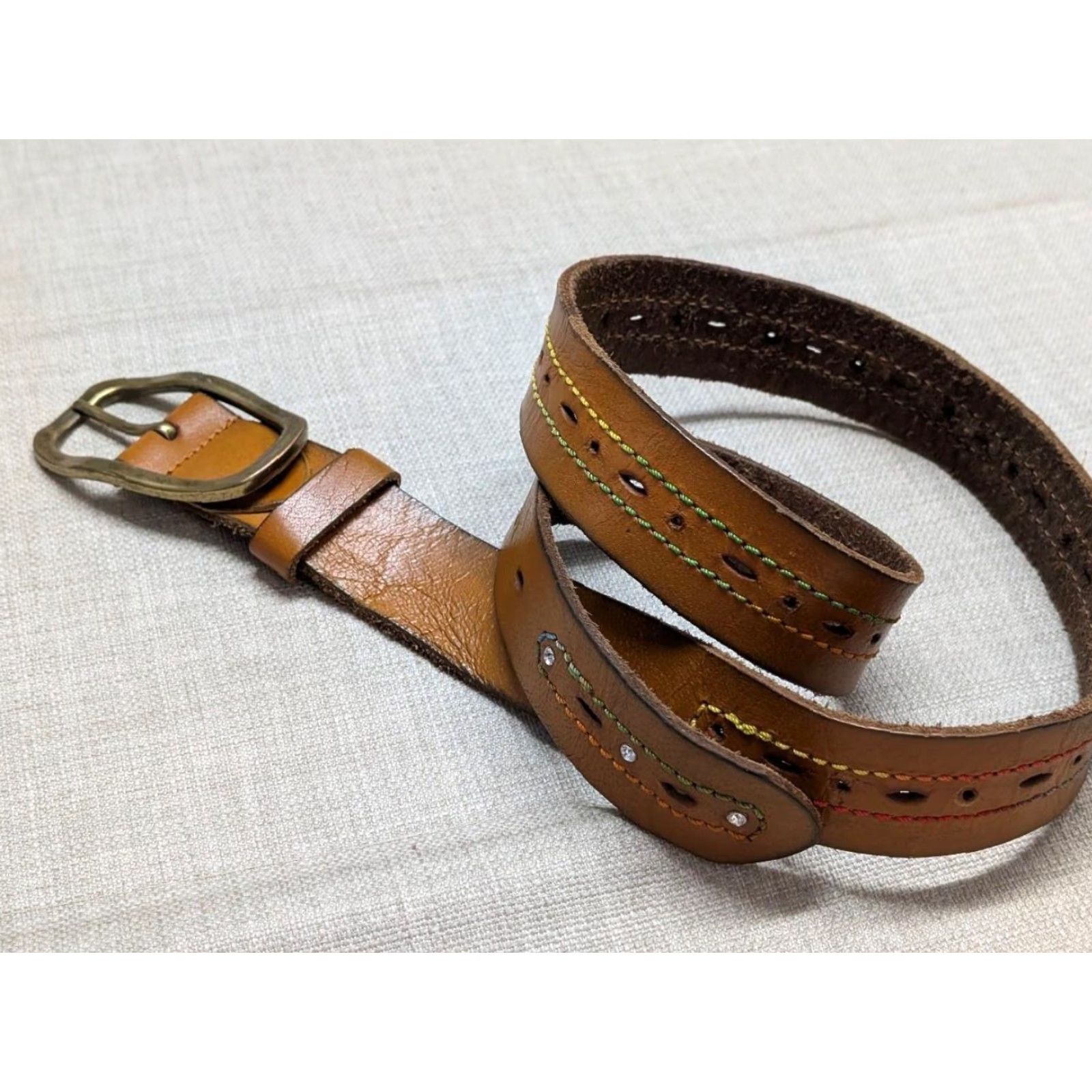Vintage VINTAGE western belt belt 36 brown COWHIDE leather STITCHED studded RODEO Size 36 - 5 Thumbnail