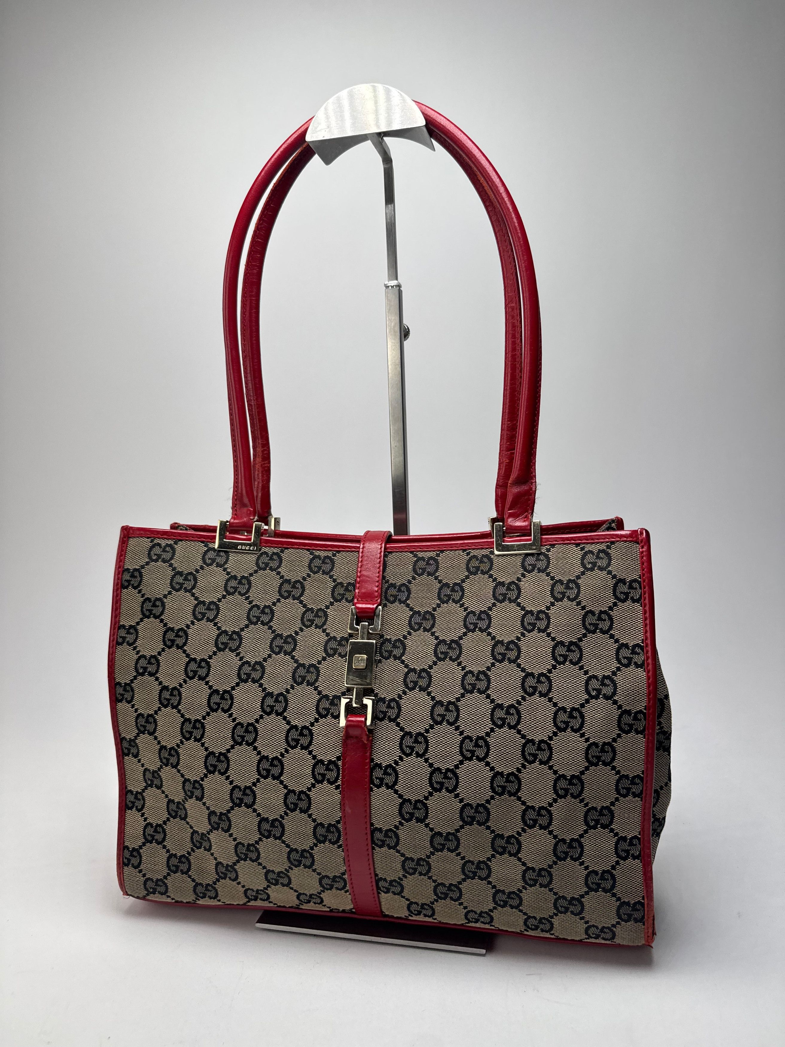 Gucci Vintage Jackie Monogram Handbag Brown Black Red, Women's