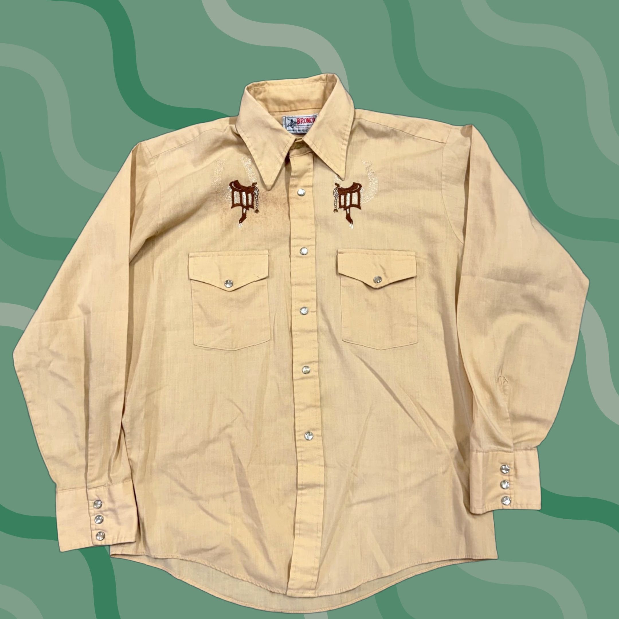 Vintage VINTAGE Bronco Shirt Mens Large Beige Western Pearl Snap Saddle Embroidered 60s Size US L / EU 52-54 / 3 - 1 Thumbnail