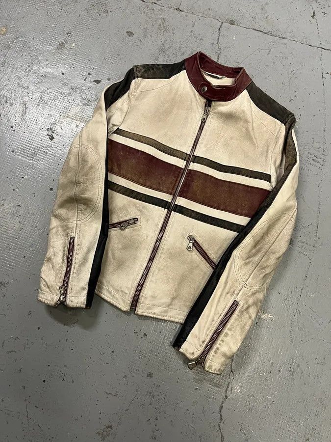 Dolce & Gabbana 2000s Dolce & Gabbana Striped Eroded Cream Leather Moto Jacket Size US S / EU 44-46 / 1 - 4 Thumbnail