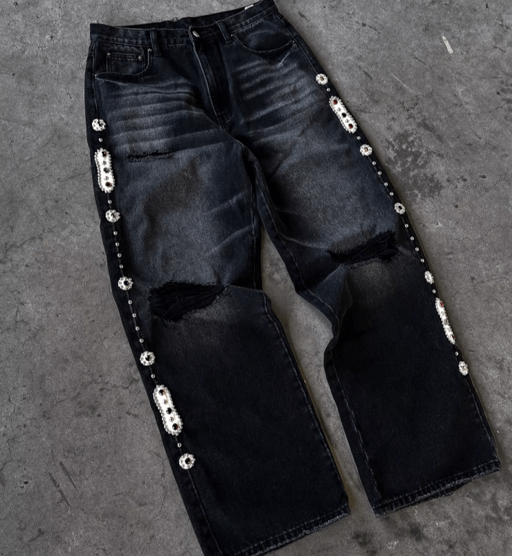 4Punk Vintage Rhinestone Embellished Black Jeans
