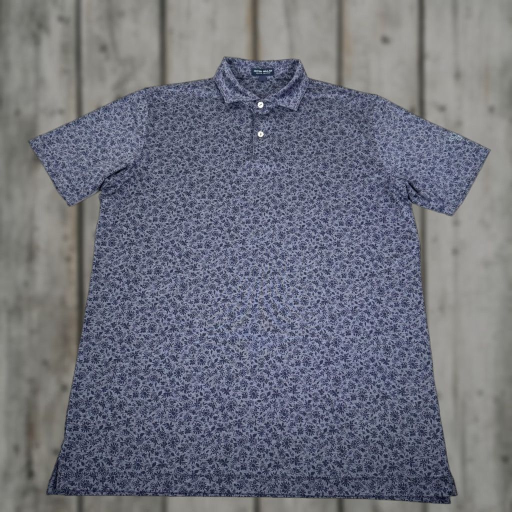 Peter Millar Crown Sport Shirt Mens Large Blue Floral Golf Polo Stretch Basic