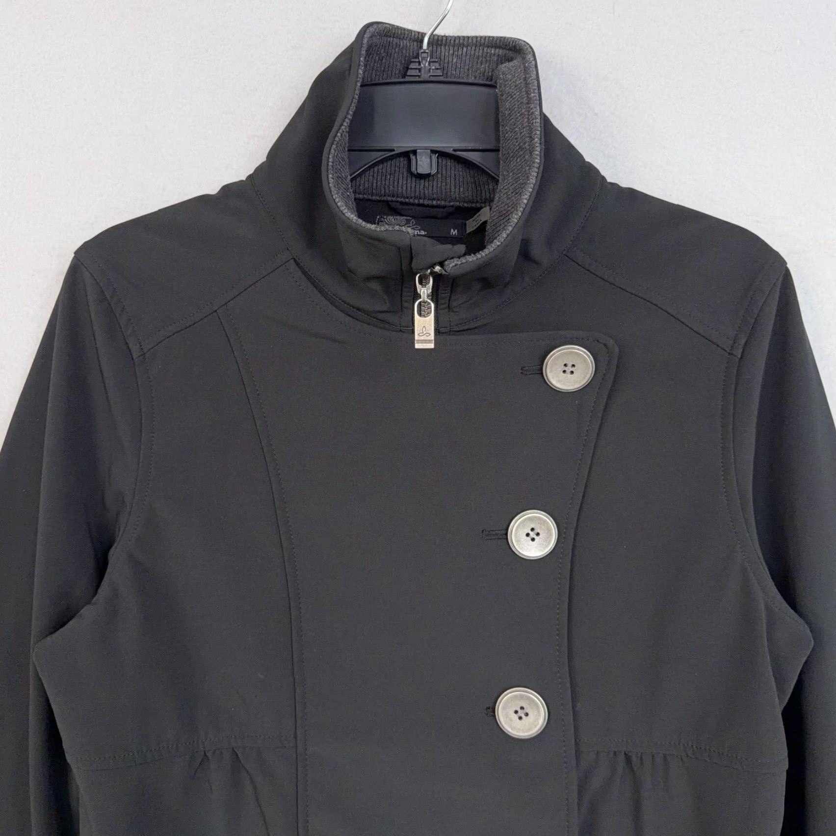 Prana VINTAGE PrAna Jacket Womens Medium Black Softshell Asymmetrical Button Zip Pockets Coat Size M / US 6-8 / IT 42-44 - 2 Thumbnail