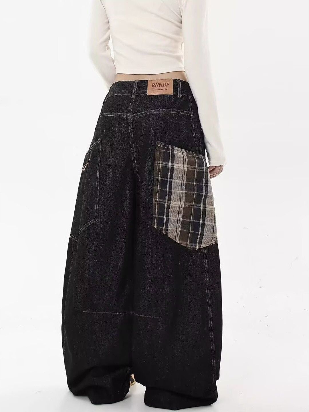 Japanese Brand Plaid Patchwork Wide Leg Raw Denim Jeans Size US 30 / EU 46 - 1 Thumbnail