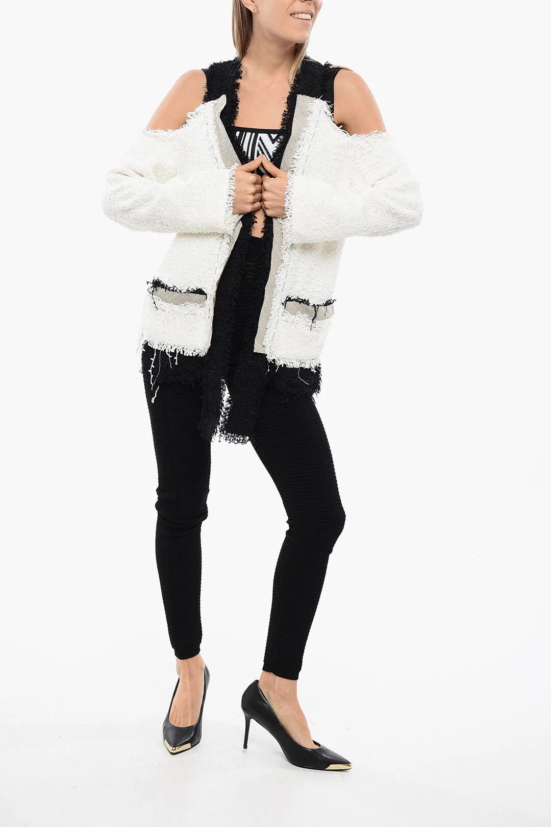Balmain og1mm0326 Cold-Shoulder Tweed Blazer in Black/White Size S / US 4 / IT 40 - 4 Thumbnail