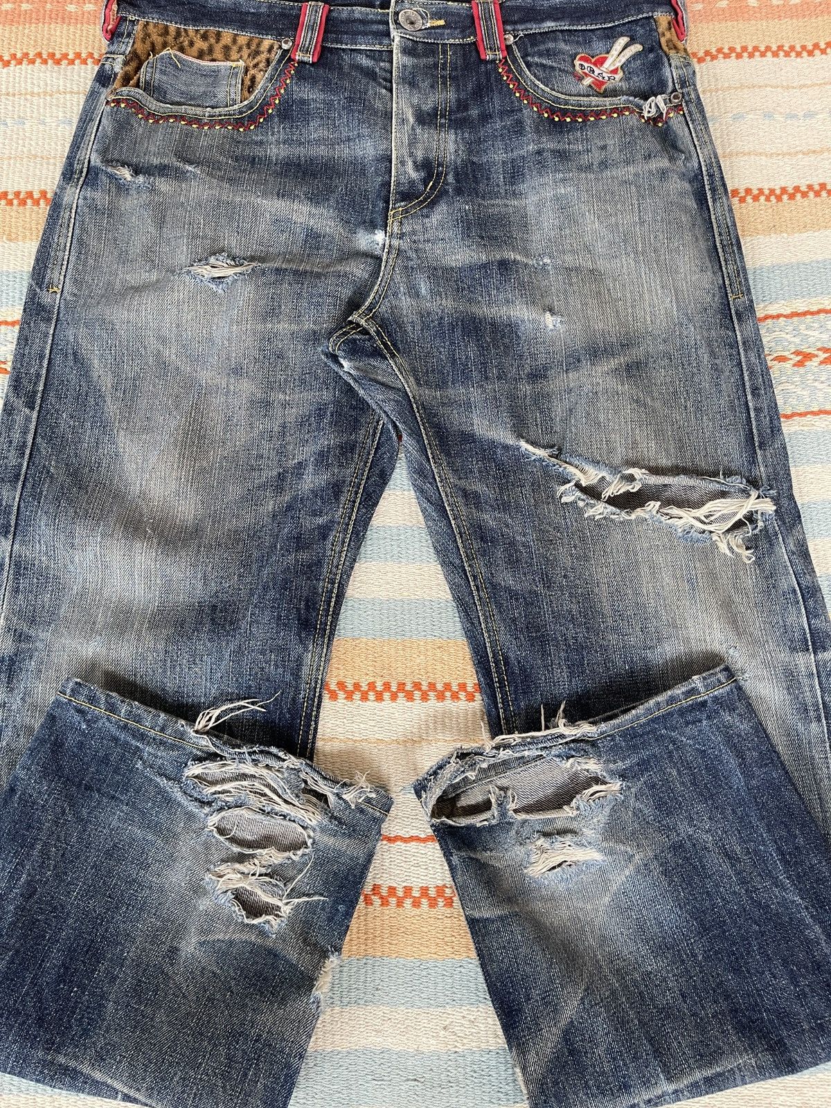 If Only Was True Very rare🔥SQUARE DARK🔥Embroidery Selvedge Distressed Jeans Size US 35 - 9 Thumbnail