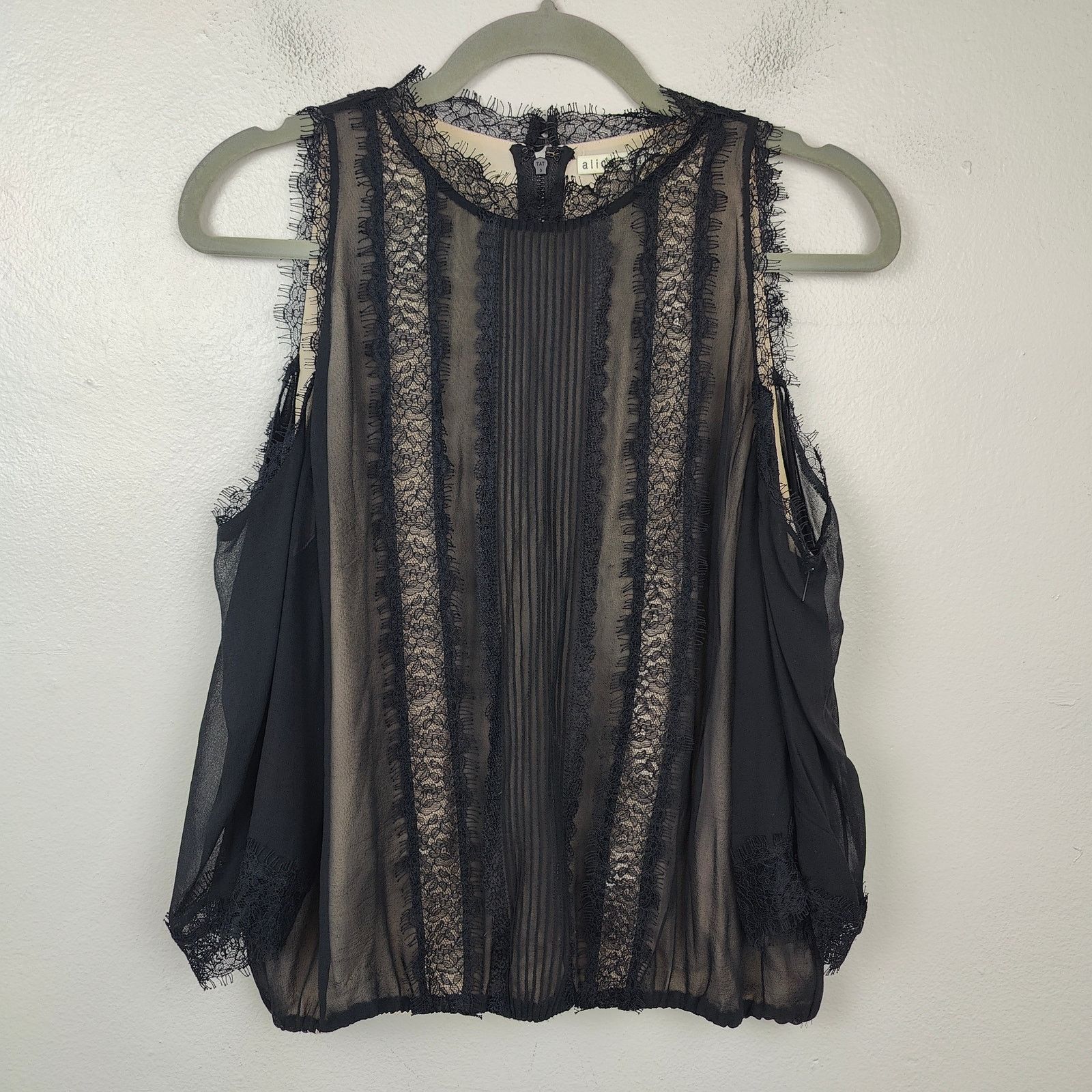 Alice + Olivia Alice + Olivia Glinda Top Women Large Black Silk Ruffle Lace Size L / US 10 / IT 46 - 1 Thumbnail