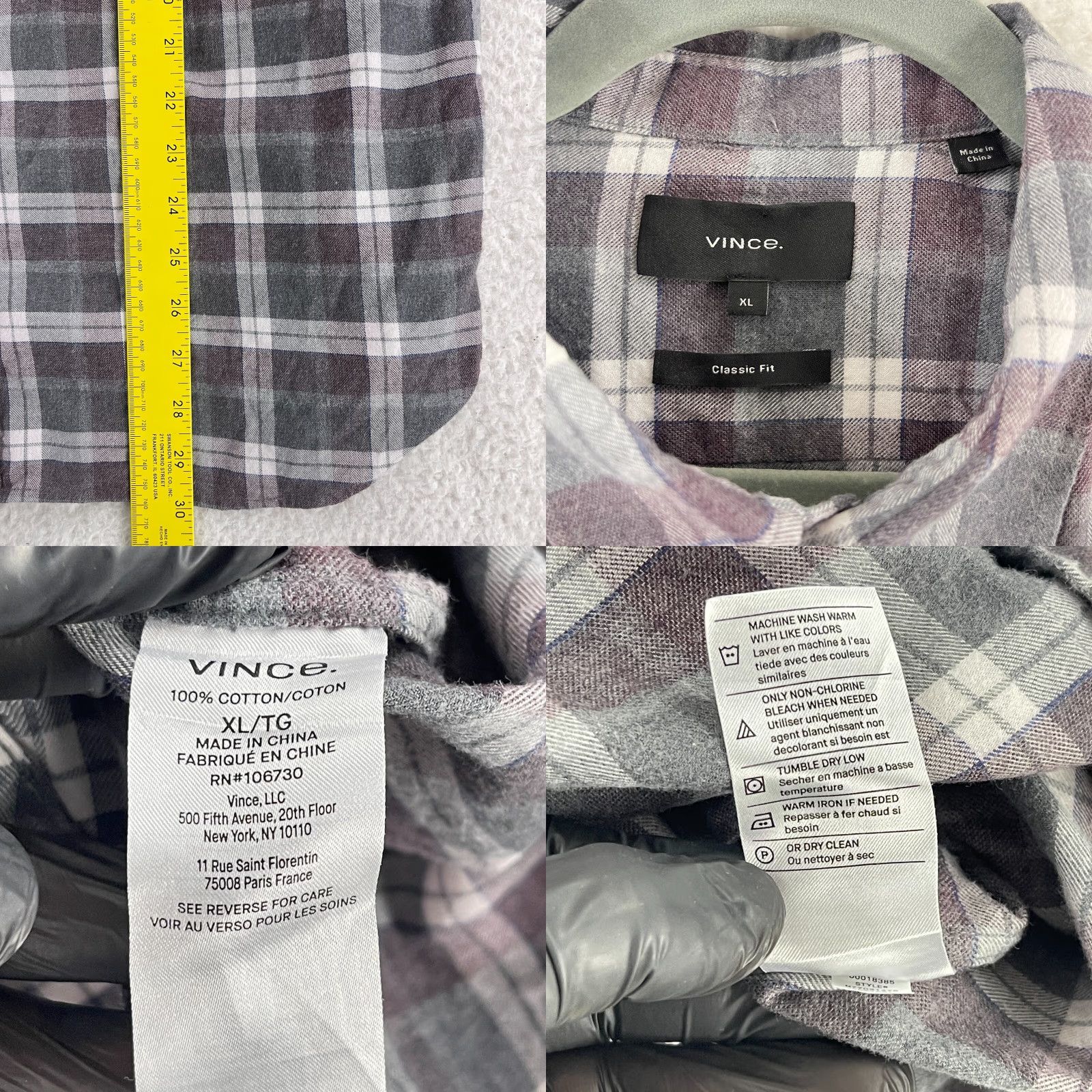 Vince Vince Gray Plaid Button-Up Classic Fit Shirt Mens XL Long Sleeve 100% Cotton Size US XL / EU 56 / 4 - 8 Thumbnail