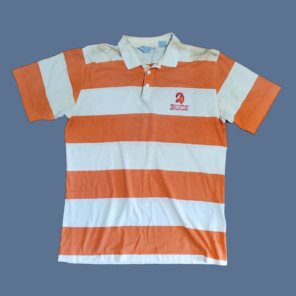 Logo 7 VINTAGE Logo 7 Shirt Striped Polo Orange Slim Button-Up Collared Short Sleeve Men L Stained 70s Buccaneers NFL Size US L / EU 52-54 / 3 - 1 Thumbnail